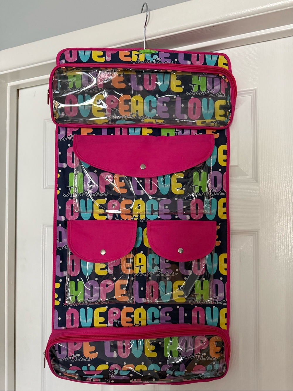 Justice Hanging Storage Organizer - Pink 'Love Peace' Design